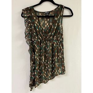 Lily White Womens Sleeveless Asymmetrical Blouse Brown Green Polka Dot Size M